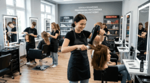 Uczennica szkoły branżowej Uniwerek modeluje włosy na główce treningowej w nowoczesnej pracowni fryzjerskiej podczas zajęć praktycznych