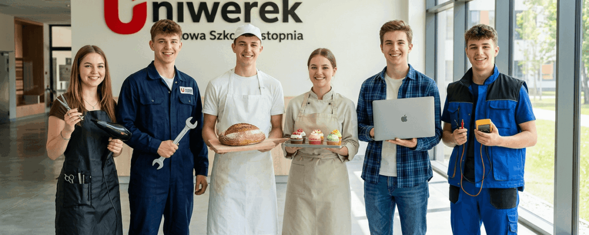 Uśmiechnięci uczniowie szkoły branżowej Uniwerek w strojach zawodowych – fryzjerka, mechanik, piekarz, cukiernik, informatyk i technik przed logo Uniwerek