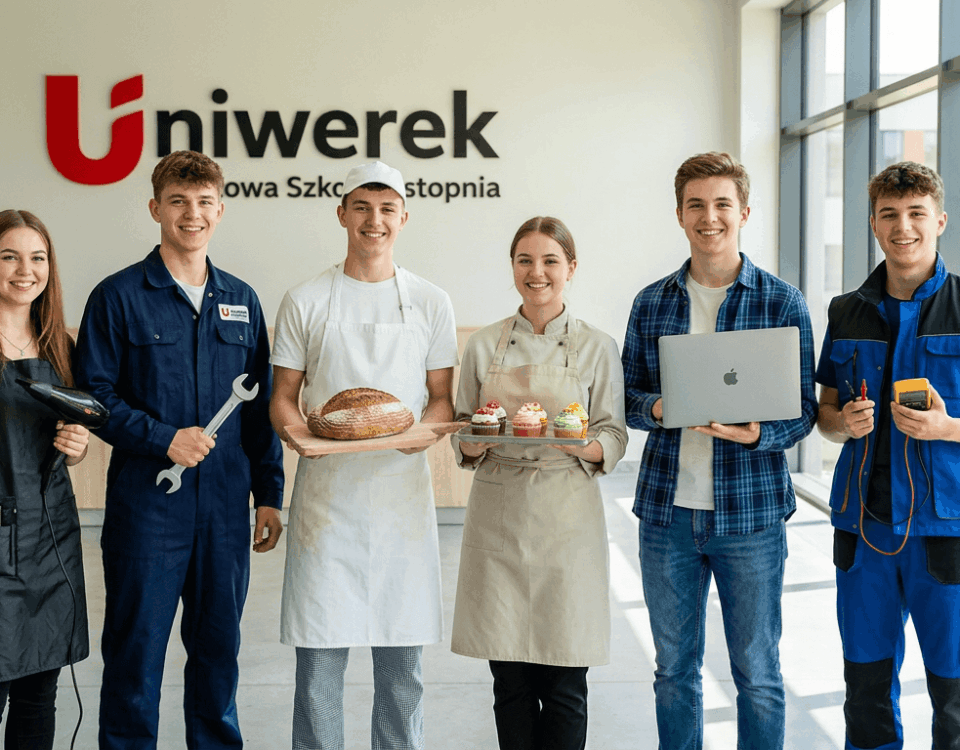 Uśmiechnięci uczniowie szkoły branżowej Uniwerek w strojach zawodowych – fryzjerka, mechanik, piekarz, cukiernik, informatyk i technik przed logo Uniwerek