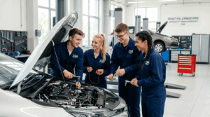 Uczniowie szkoły branżowej Uniwerek w czystych kombinezonach pracują wspólnie przy otwartej masce samochodu w nowoczesnym warsztacie samochodowym